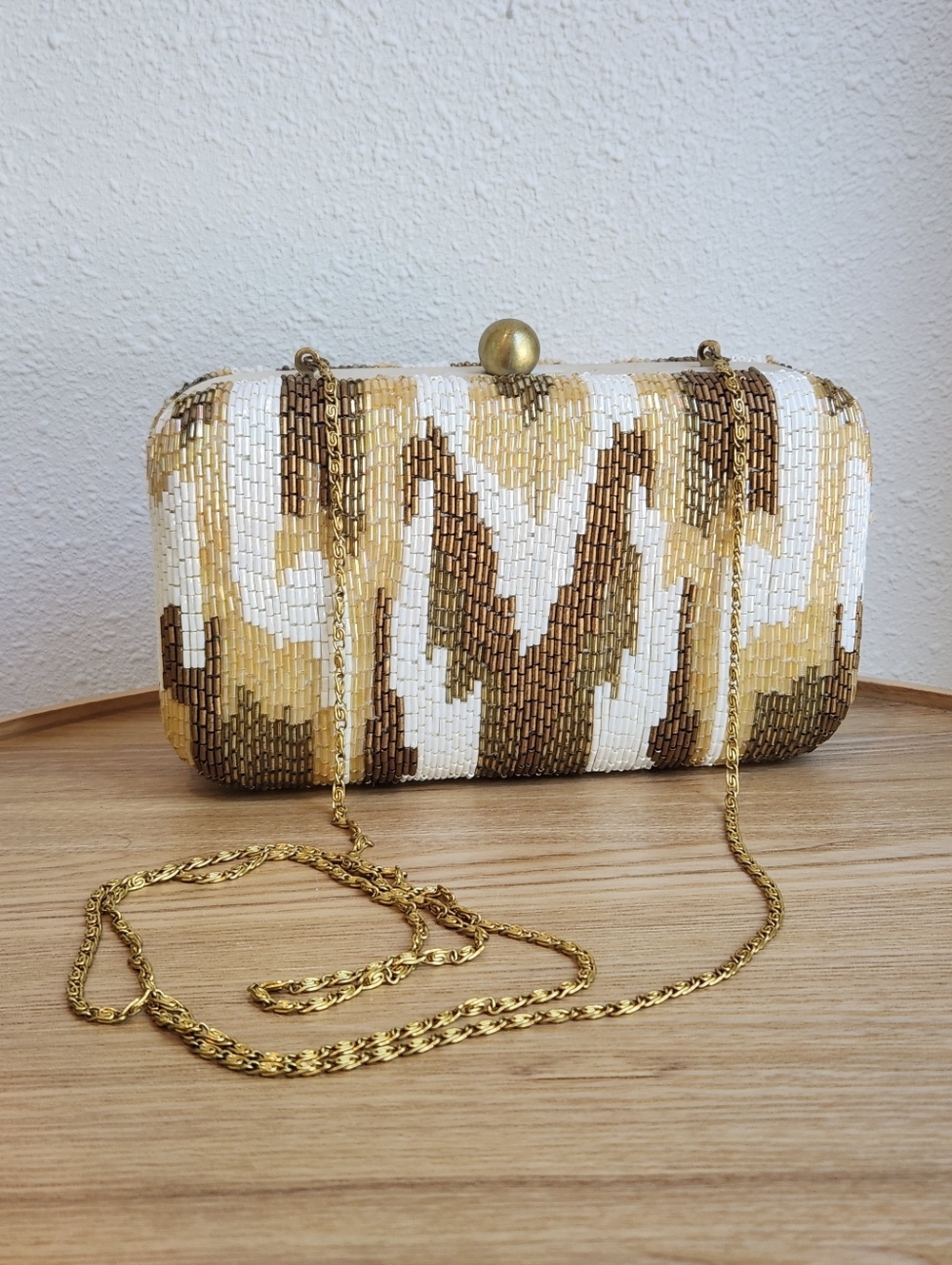 Vintage Moyna White, Gold and Brown Beaded Evening Clutch